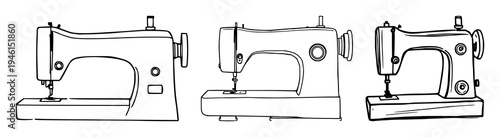 Sewing machine set with continuous line art drawing style featuring abstract and old design with minimalist black linear sketch on white background