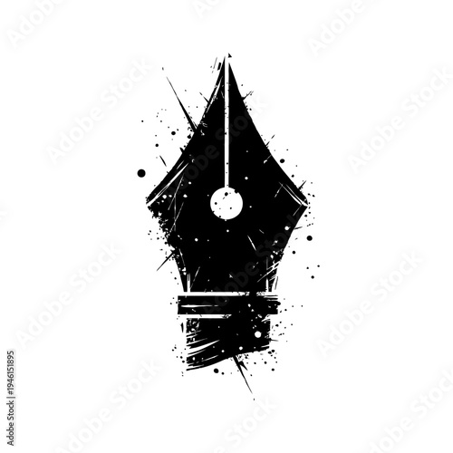 A black and white illustration of a fountain pen nib with splatters and grunge effects on a clean white background for artistic and design use