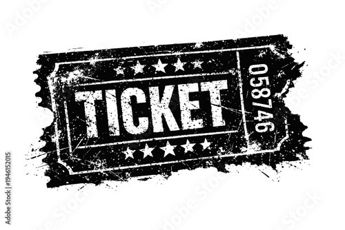 Grunge-style ticket stamp with stars and number on white background