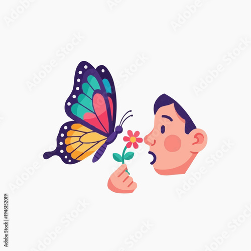 Person smelling a flower held by a butterfly landing on it