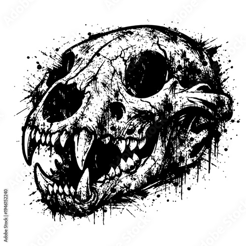 Grunge illustration of a snarling animal skull with sharp fangs on white background with ink splashes