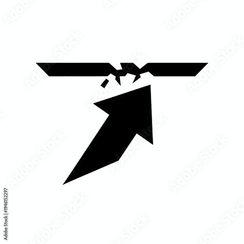 Black arrow pointing upwards towards a breaking satellite dish in a conceptual representation of technological failure or disruption