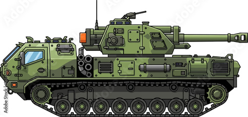 Green tracked self propelled gun with armored turret