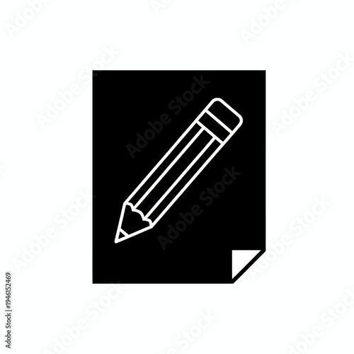 Minimalist black square icon depicting a white outline pencil over a document, symbolizing editing, writing, and creative content creation
