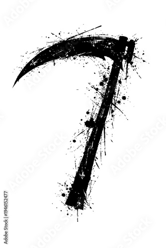 A black silhouette of a scythe with paint splatters on a white background, symbolizing harvest and mortality.