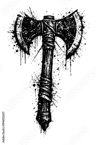 A grungy illustration of a battle-axe with a wrapped handle and paint splatters on a white background, symbolizing strength and power