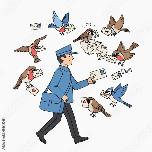 Postman delivering mail surrounded by birds carrying letters.