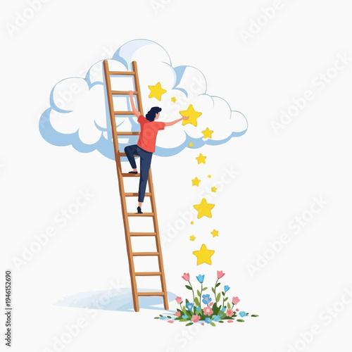 Person climbing ladder to reach stars from a cloud, flowers below.
