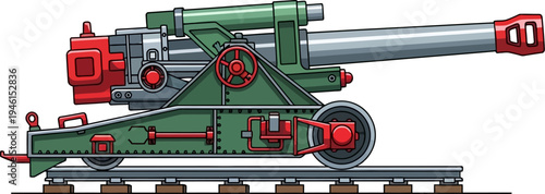 Heavy railway cannon mounted on steel tracks for transport