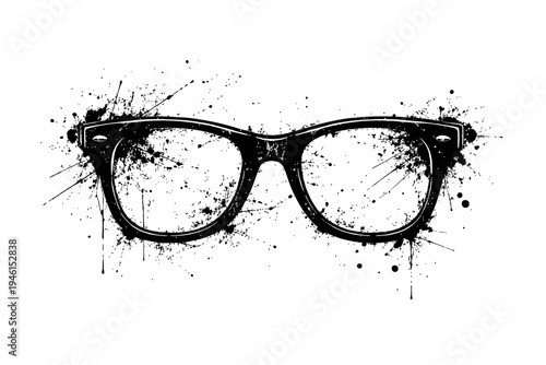 A pair of black glasses with paint splatters on white background, eyewear and fashion concept