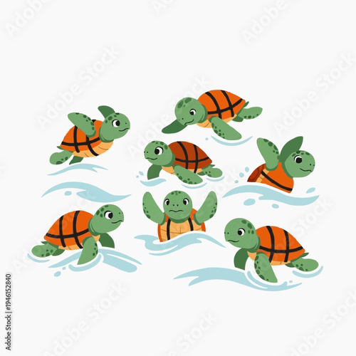 Adorable baby sea turtles wearing orange life vests, swimming happily in blue water.