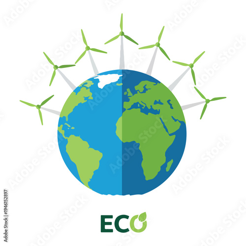 Green wind turbines surround a blue-green Earth
