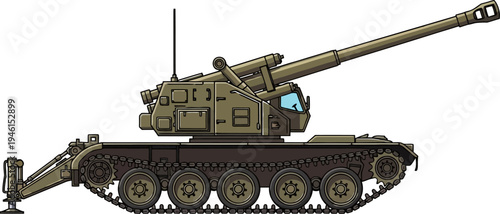 Heavy tracked artillery piece with a massive long-range cannon