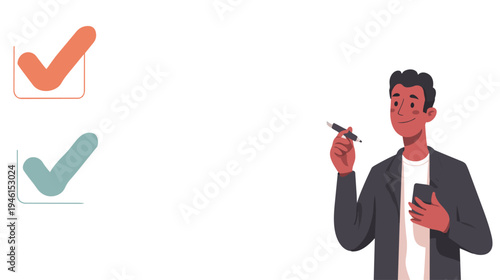 Businessman Character with Checklist for Presentation Slide Design