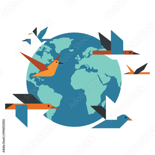 Colorful birds fly around a stylized globe