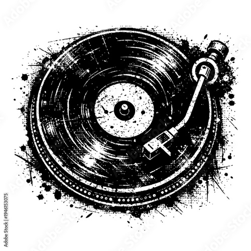 Black and white illustration of a vinyl record player with grunge effect, DJ turntable with paint splatters on white background