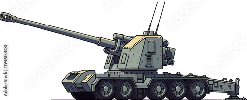 Heavy-duty mobile cannon platform in a grey industrial finish