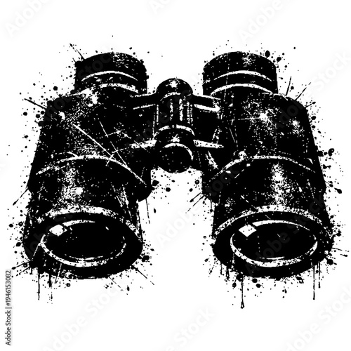 Vintage binoculars with grunge effect and paint splatters on white background for outdoor and adventure themes