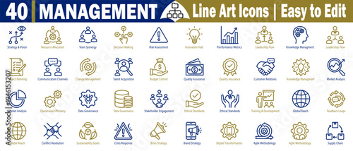 Collection of forty management-themed line art icons for easy editing