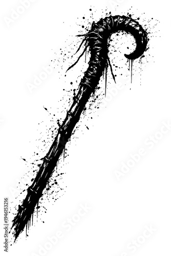 A black and white illustration of a hook on a stick with a wrapped handle and paint splatters on a white background