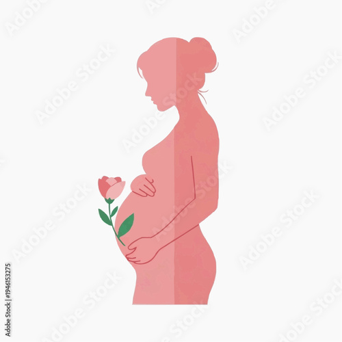 Serene silhouette of a pregnant woman holding a delicate pink rose to her belly, symbolizing motherhood.