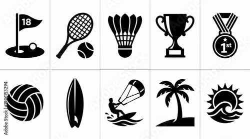 Set of Minimalist Black and White Icons for Sports Summer Vacation and Achievement