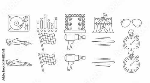 Collection of Minimalist Line Icons for Racing Music and Entertainment Events