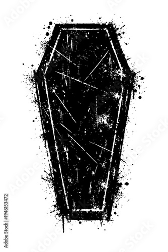 Black coffin with white scratches and paint splatters on white background, spooky Halloween symbol