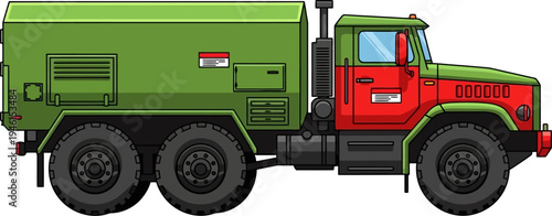 Military logistics transport truck with green cargo container