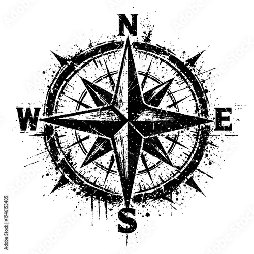 Black and white grungy compass rose symbol for navigation and direction on isolated background