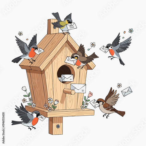 Birds delivering mail to a wooden birdhouse with flowers and leaves.
