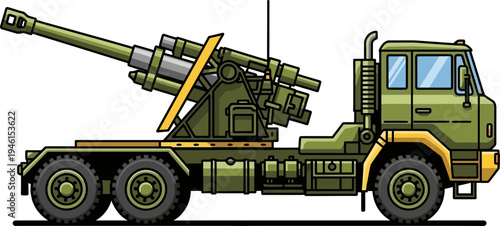 Mobile artillery truck with heavy howitzer cannon