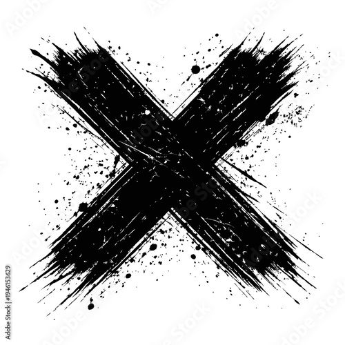 Black grunge X mark with splatters on white background for design and decoration