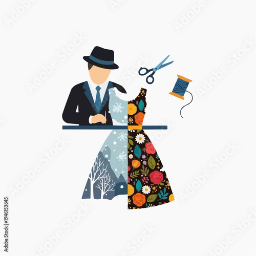 Tailor creating a dress with contrasting winter and floral patterns.