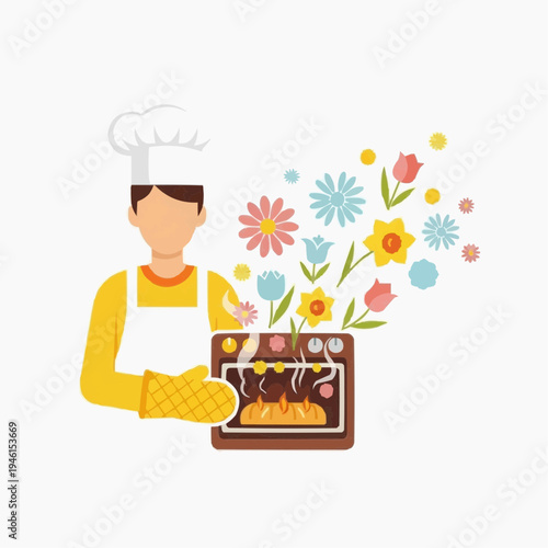 Baker with oven, bread baking, and flowers blooming from steam.