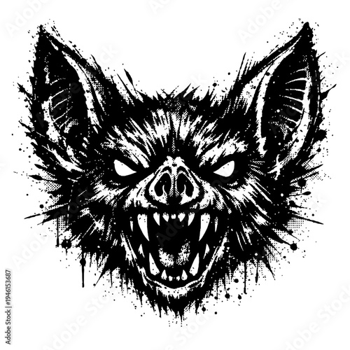 A black and white illustration of a snarling bat head with sharp teeth and pointed ears on a white background with ink splatters