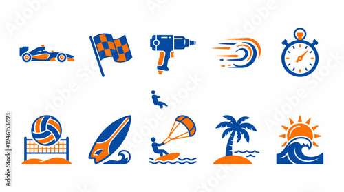 Vector Icon Set of Racing and Summer Beach Sports in Blue and Orange