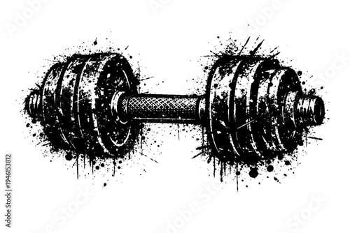 Black and white illustration of a dumbbell with a grunge effect, symbolizing strength and fitness in a dramatic artistic style.