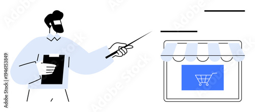 E-commerce, business strategy, online retail, digital shopping, sales growth, and marketing trends. A person with a clipboard gesturing towards an online shop graphic. E-commerce and business
