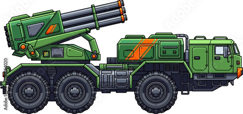 Multi-launch rocket system mounted on a heavy military truck