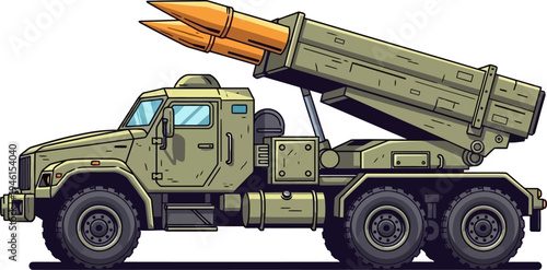 Multiple rocket launcher vehicle carrying dual orange projectiles