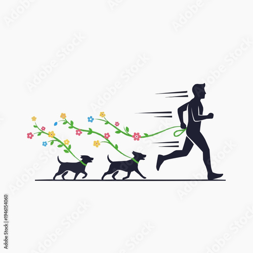 Man running with dogs, leashes transform into blooming flowers and vines