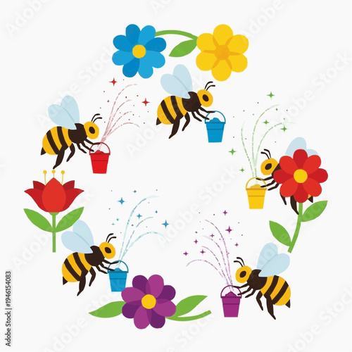 Bees collecting nectar from flowers, creating a circular pattern with sparks