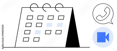 Scheduling, communication, video conferencing, task planning, remote meetings, workflow organization. A tabletop calendar with icons for a call and video conference. Scheduling and communication