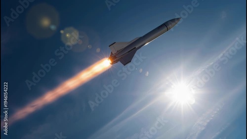 Hypersonic missile rocket ascending bright sky with fiery exhaust plume, supersonic flight high