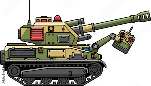 Remote-controlled robotic tank with a mounted cannon and antenna