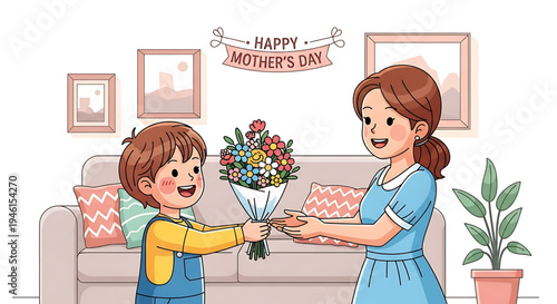 A child presents a bouquet of flowers to their mother on Mother's Day in a cozy living room setting