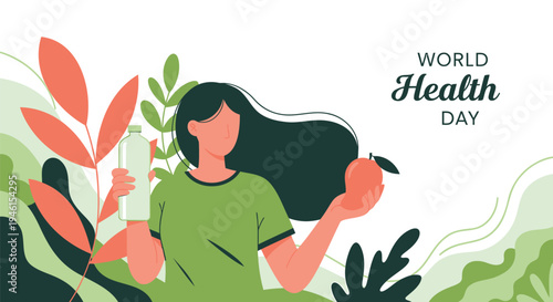 Vector illustration of woman with plants on World Health Day