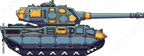 Sci-fi combat vehicle concept with blue and yellow armor