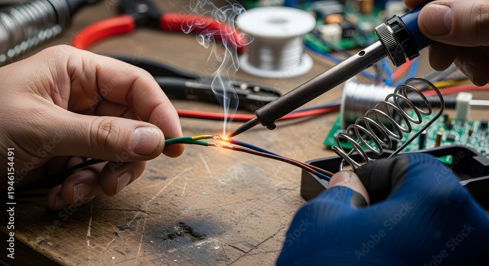 Obraz premium Person in protective gloves soldering two electrical wires together on a wooden desk, with tools in background